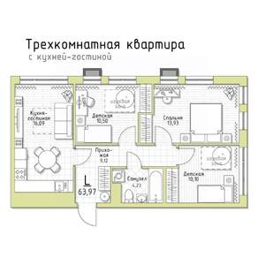 3-к квартира, строящийся дом, 64м2, 3/5 этаж