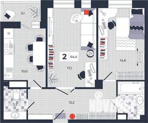 2-к квартира, строящийся дом, 64м2, 14/14 этаж