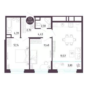2-к квартира, строящийся дом, 61м2, 2/10 этаж