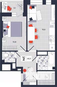 2-к квартира, строящийся дом, 46м2, 3/14 этаж