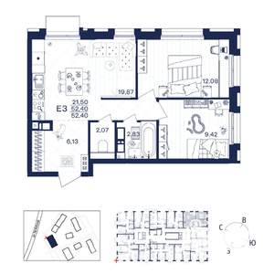 2-к квартира, вторичка, 52м2, 12/15 этаж