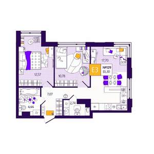 2-к квартира, вторичка, 55м2, 9/12 этаж