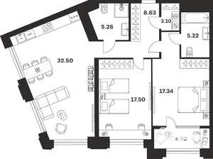 2-к квартира, вторичка, 93м2, 4/10 этаж
