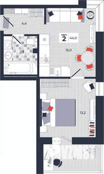 2-к квартира, строящийся дом, 44м2, 2/14 этаж