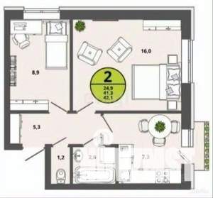 2-к квартира, вторичка, 41м2, 3/3 этаж