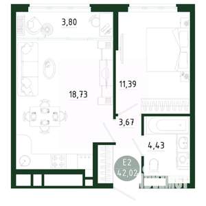 1-к квартира, строящийся дом, 42м2, 23/25 этаж