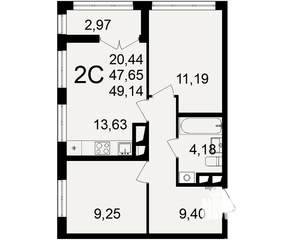 2-к квартира, строящийся дом, 48м2, 14/18 этаж