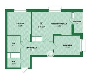 2-к квартира, строящийся дом, 65м2, 11/25 этаж