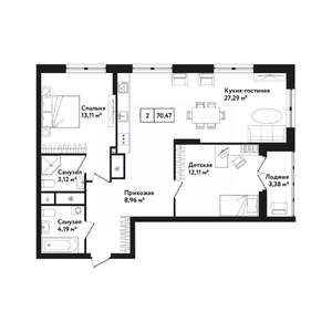 2-к квартира, строящийся дом, 74м2, 25/25 этаж