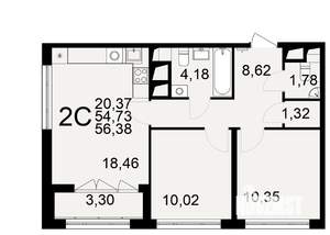 2-к квартира, строящийся дом, 55м2, 21/25 этаж