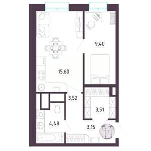 1-к квартира, строящийся дом, 40м2, 6/10 этаж