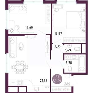 2-к квартира, вторичка, 59м2, 7/10 этаж