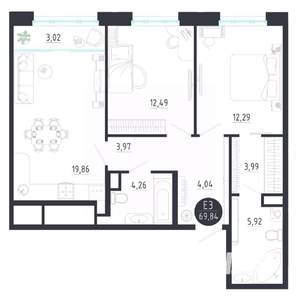 2-к квартира, строящийся дом, 70м2, 4/8 этаж