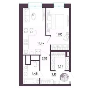 1-к квартира, строящийся дом, 40м2, 10/10 этаж