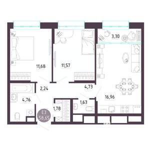 2-к квартира, вторичка, 59м2, 10/10 этаж