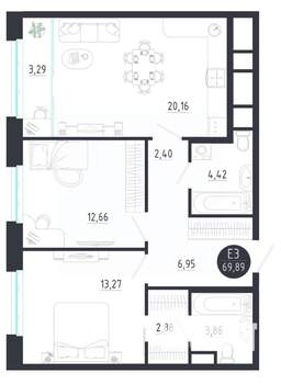 2-к квартира, строящийся дом, 70м2, 8/8 этаж