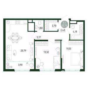 2-к квартира, строящийся дом, 66м2, 24/25 этаж