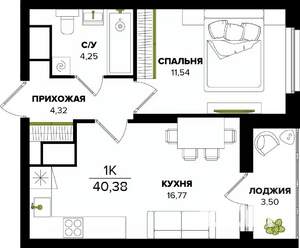 1-к квартира, вторичка, 40м2, 2/25 этаж