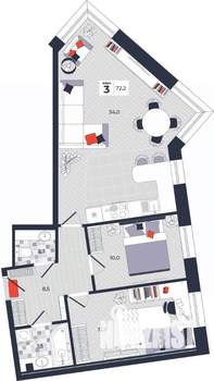 3-к квартира, строящийся дом, 72м2, 12/14 этаж