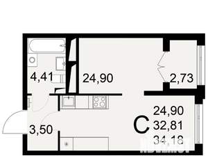 1-к квартира, вторичка, 34м2, 21/25 этаж