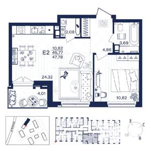 1-к квартира, строящийся дом, 48м2, 6/15 этаж