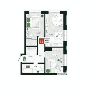 2-к квартира, строящийся дом, 56м2, 2/19 этаж