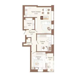 2-к квартира, строящийся дом, 55м2, 1/14 этаж