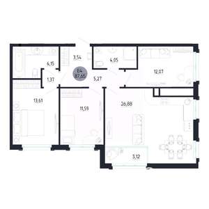 3-к квартира, вторичка, 88м2, 3/25 этаж
