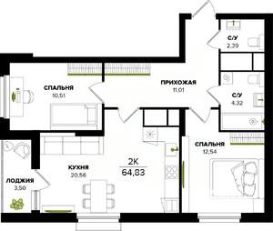 2-к квартира, строящийся дом, 65м2, 22/25 этаж