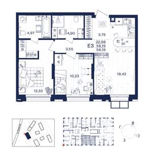 2-к квартира, строящийся дом, 58м2, 2/15 этаж