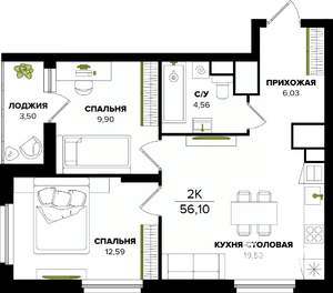 2-к квартира, строящийся дом, 56м2, 11/25 этаж