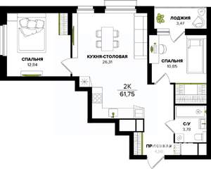 2-к квартира, вторичка, 62м2, 2/25 этаж