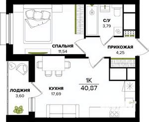 1-к квартира, строящийся дом, 41м2, 23/25 этаж