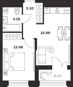 1-к квартира, вторичка, 41м2, 9/15 этаж