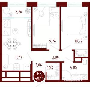 2-к квартира, вторичка, 48м2, 6/10 этаж