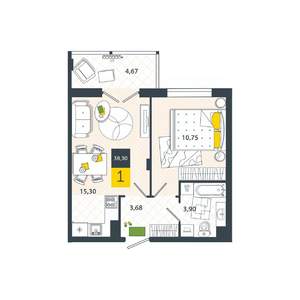 1-к квартира, вторичка, 38м2, 6/8 этаж