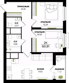 2-к квартира, строящийся дом, 61м2, 25/25 этаж