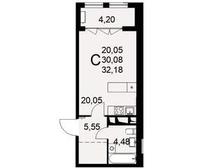 1-к квартира, строящийся дом, 32м2, 3/16 этаж