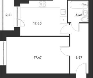 1-к квартира, строящийся дом, 43м2, 3/5 этаж