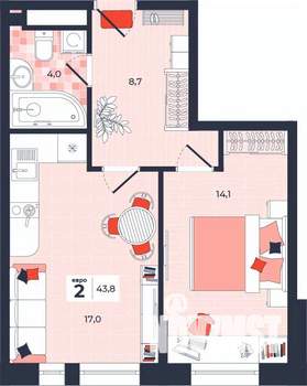 2-к квартира, строящийся дом, 44м2, 12/14 этаж