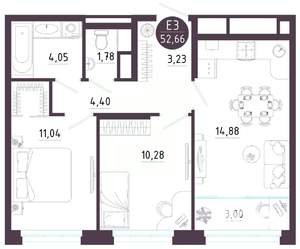 2-к квартира, вторичка, 53м2, 10/10 этаж
