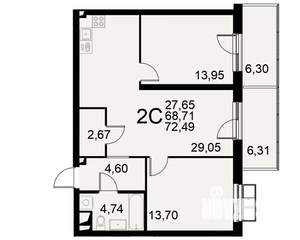 2-к квартира, строящийся дом, 69м2, 2/11 этаж