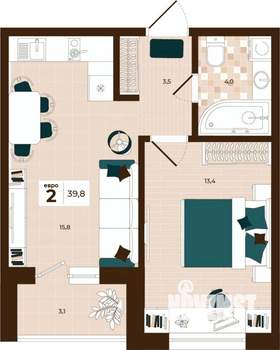 2-к квартира, вторичка, 40м2, 14/14 этаж