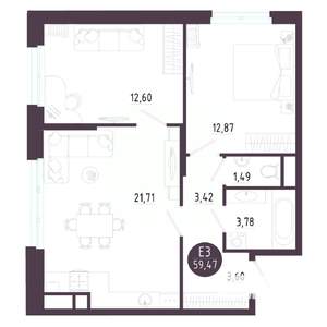2-к квартира, строящийся дом, 59м2, 6/10 этаж