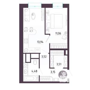 1-к квартира, строящийся дом, 40м2, 6/10 этаж
