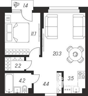 1-к квартира, строящийся дом, 48м2, 6/24 этаж