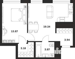 1-к квартира, строящийся дом, 44м2, 20/25 этаж