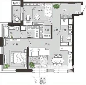 2-к квартира, вторичка, 89м2, 3/21 этаж