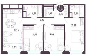 3-к квартира, вторичка, 63м2, 9/10 этаж