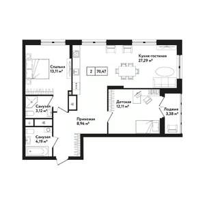 2-к квартира, строящийся дом, 75м2, 2/25 этаж